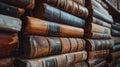 An upclose photo of a stack of dusty leatherbound books of various sizes all bearing the same embossed title of a