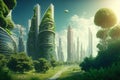 the upcoming green city. Amazing eco-futuristic urban scene ESG idea features a lot of trees and highrises. AI generative