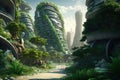 the upcoming green city. Amazing eco-futuristic urban scene ESG idea features a lot of trees and highrises. AI generative