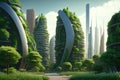 the upcoming green city. Amazing eco-futuristic urban scene ESG idea features a lot of trees and highrises. AI generative