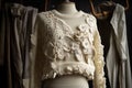 upcycled sweater with intricate lace detailing and beads