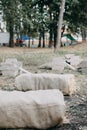 Upcycling ideas, Recycle crafts. Alternative eco-friendly benches made of straw and burlap bales at fair, market outdoor