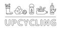 Upcycling web banner. Graphic horizontal rectangular template. Thin linear icons set with text. Collection of handmade things. Royalty Free Stock Photo