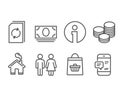 Update document, Restroom and Online buying icons. Tips, Cash money and Smartphone notification signs.