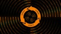 UPDATE lettering on update sign in center of binary code circles - graphic elements in orange on black background Royalty Free Stock Photo
