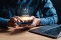 Update software system in computer. Man using smartphone upgrade program, Business technology internet loading virtual bar with Royalty Free Stock Photo
