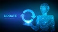 Update or Synchronization icon. Abstract 3d low polygonal robot holding update or sync sign. Processing concept. Can be used for