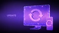 Update, Synchronization, Processing concept. Abstract low polygonal computer monitor and smartphone with update or sync sign. Can