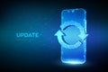 Update, Synchronization, Processing concept. Abstract low polygonal smartphone with update or sync sign. Can be used for topics