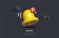 Update Time Creative Concept. 3d Realistic Notification Bell, 3d Render Yellow Ringing Bell With New Notification For