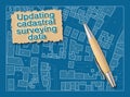 Updating public cadastral digital databases and information about land registry - concept with an imaginary cadastral map of