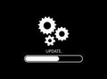 Upgrade of software. Update icon. Load and install of app on computer. Time and progress of update. Download new version of