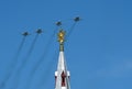 Upgraded front-line bomber with variable sweep wing su-24M during the parade, flying in the sky over red square.