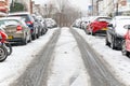 Uphill street covered with snow around West Hampstead area in London