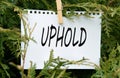 UPHOLD - word on white paper with clothespin on a green background of branches Royalty Free Stock Photo