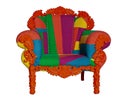 Upholstered armchair with wooden legs. Bright upholstery. A combination of retro, vitage and modernity. Stylish