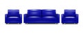 Upholstered furniture set. Dark blue modern leather sofa and armchairs with metal legs. Realistic vector