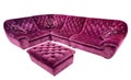 Upholstery luxury fuchsia corner sofa inlaid with rhinestones. Corner set with pillows and banquet isolated on white