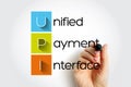 UPI Unified Payment Interface - system that powers multiple bank accounts into a single mobile application, acronym text with
