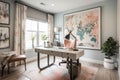 uplifting and positive home office space, with inspiring artwork and natural lighting