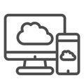 Upload devices line icon. Cloud synchronize between computer and smartphone. Internet technology vector design concept