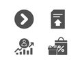 Upload file, Forward and Career ladder icons. Shopping sign. Load document, Next direction, Manager results.