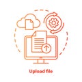 Upload file red concept icon. Data transfer idea thin line illustration. Downloading and cloud computing. File sharing