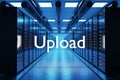 upload logo in large modern data center with multiple rows of network internet server racks 3D Illustration