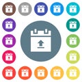 Upload schedule data flat white icons on round color backgrounds