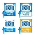 Upload your photo image vector icon set. Camera picture on photography with loading arrow. Add file, uploading photograph Royalty Free Stock Photo