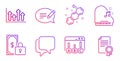 Upper arrows, Talk bubble and Piano icons set. Chemical formula, Survey results and Private payment signs. Vector