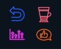 Upper arrows, Undo and Double latte icons. Feedback sign. Growth infochart, Left turn, Tea cup. Speech bubble.