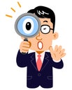 The upper body of a businessman surprised at peeping a magnifying glass, wearing glasses, teacher