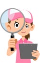 Upper body of a woman wearing a pink polo shirt and hat, holding a document and looking through a magnifying glass Royalty Free Stock Photo