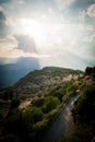 Upper Central Greece, August 2015, Delphic moutains panorama in a beautiful sun through clouds