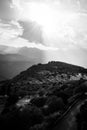 Upper Central Greece, August 2015, Delphic moutains panorama in a beautiful sun through clouds