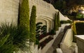 The upper decorative terrace near the upper entrance to the Bahai Garden located on Louis Promenade at night in Haifa city in Isra Royalty Free Stock Photo