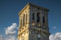 Upper detail of the bell tower of the Minor Basilica of S. Santa MarÃ­a de la AsunciÃ³n in Arcos de la Frontera, Cadiz