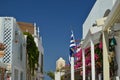 Upper Facade Of The Buildings On The Beautiful Main Street Of Oia On The Island Of Santorini. Architecture, landscapes, travel, cr