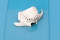 Upper human jaw without teeth model medical implant isolated on blue background. Healthy teeth, dental care and