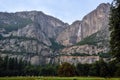 Upper and Lower Cascades of Yosemite Falls seen from Yosemite Valley, California Royalty Free Stock Photo
