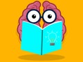 Pink colored brain, cartoon with eyes, holding a book and studying