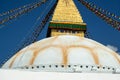 The upper part of the Boudhanath stupa in Kathmandu, Nepal. The image of Buddhas eyes on a gold surface of the stupa. Royalty Free Stock Photo