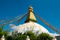 The upper part of the Boudhanath stupa in Kathmandu, Nepal. The image of Buddhas eyes on a gold surface of the stupa. Royalty Free Stock Photo