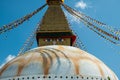 The upper part of the Boudhanath stupa in Kathmandu, Nepal. The image of Buddhas eyes on a gold surface of the stupa. Royalty Free Stock Photo