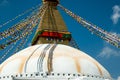 The upper part of the Boudhanath stupa in Kathmandu, Nepal. The image of Buddhas eyes on a gold surface of the stupa. Royalty Free Stock Photo