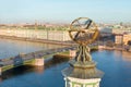 The upper part of the Kunstkamera building with an armillary sphere. View of the Neva River, View of the Palace Bridge, the Royalty Free Stock Photo