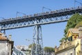 upper platform of the D.Luis bridge between the city of Porto and Vila Nova de Gaia. View from below, group of people and train. Royalty Free Stock Photo