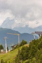 Upper ski lift station. Yellow crane at the construction site Royalty Free Stock Photo