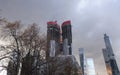 Upper stages of Moscow city towers under construction. Cloudy autumn view.